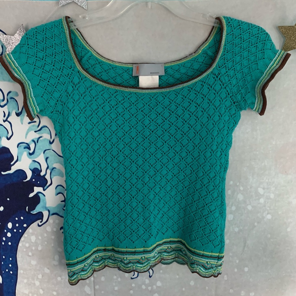 vintage teal missoni crochet sweater top with chevron trim
